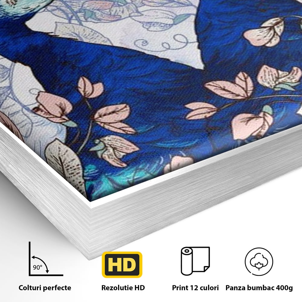 Detaliu al suprafetei: tablou canvas cu doi pauni albastri, in rama de aluminiu argintiu